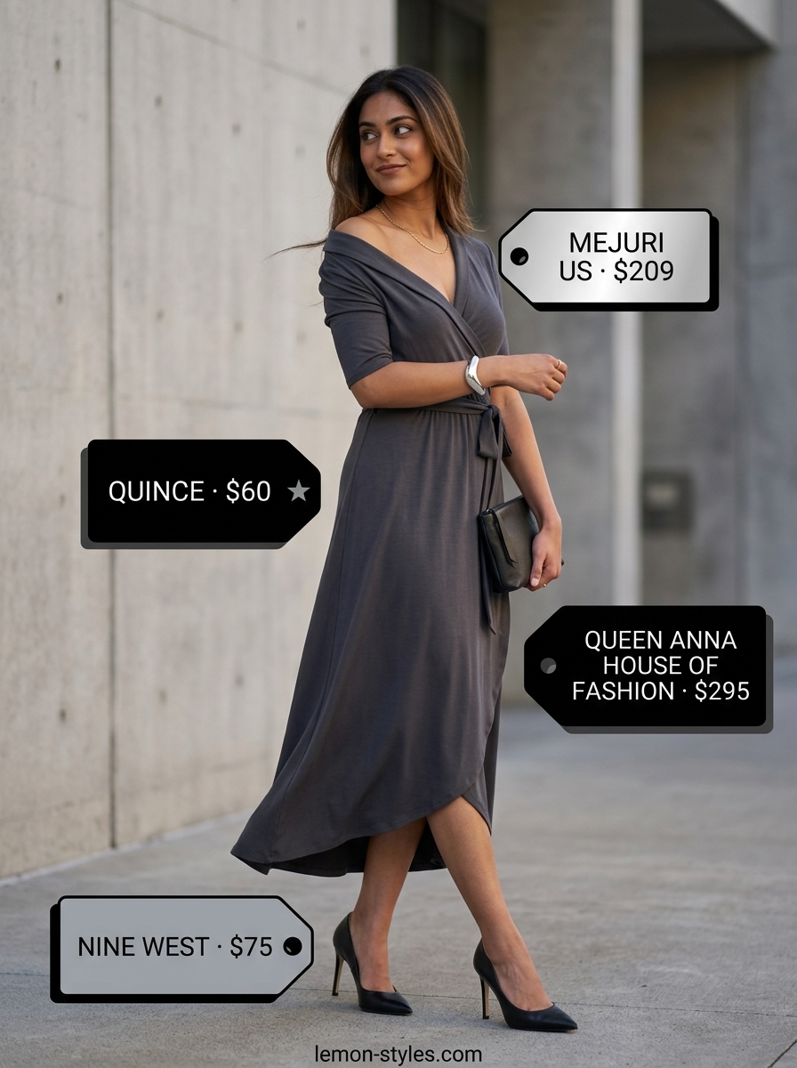 Casual Summer Wrap Dress Outfits 2026: Modern Minimalist Style Casual summer wrap dress outfits 2026: Charcoal grey midi wrap dress, black heels, silver bracelet for day to night.