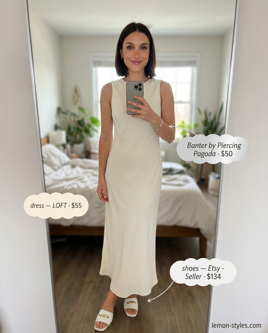 Minimalist Summer Wrap Dress Outfits 2026 | All White Chic all-white linen wrap dress outfit for summer 2026, paired with minimalist slides and a structured bag.