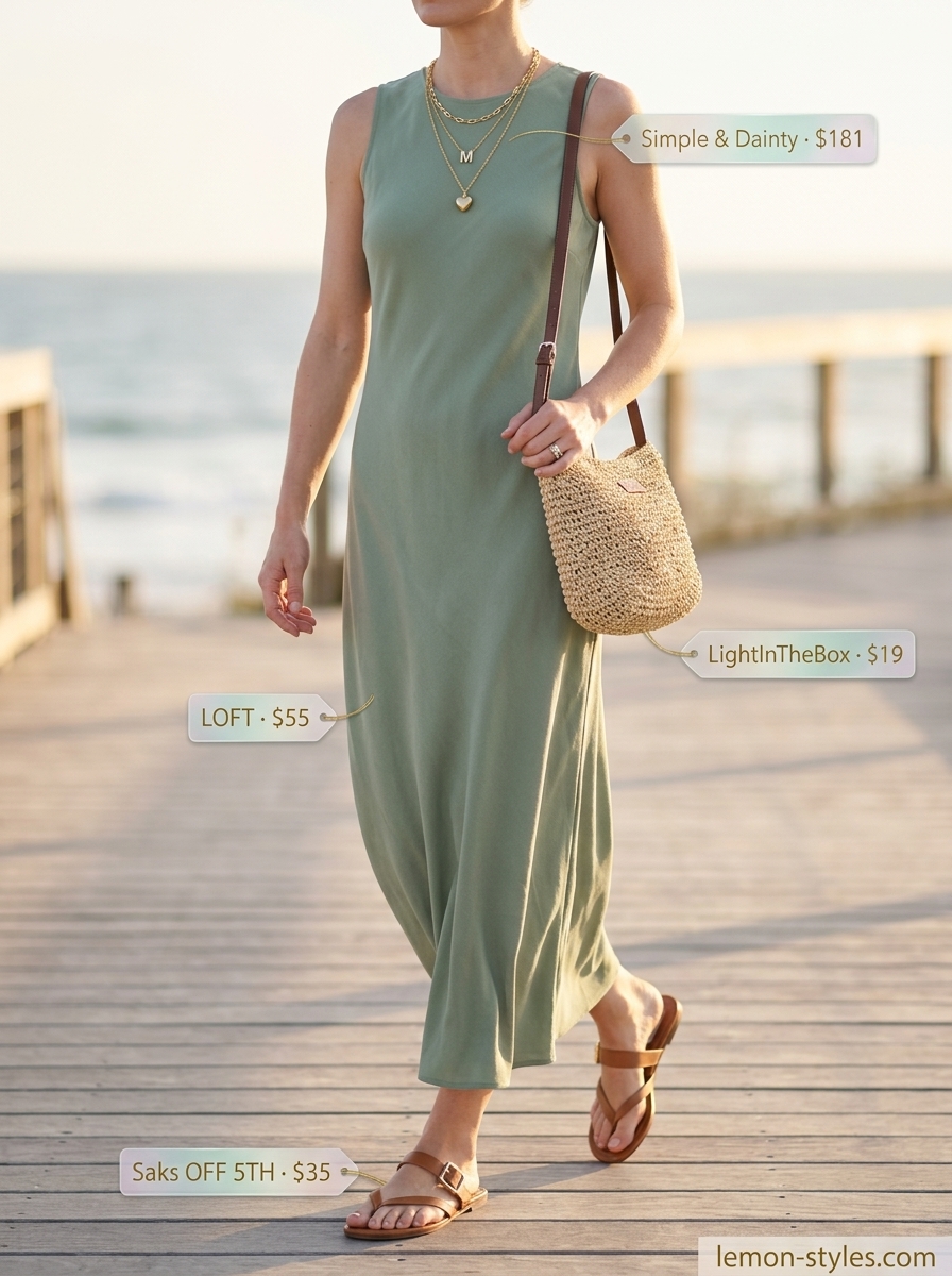 Coastal Summer Wrap Dress Outfits 2026 | Linen Ease Effortless sage green linen wrap dress outfit for summer 2026, with flat sandals and a straw bag.