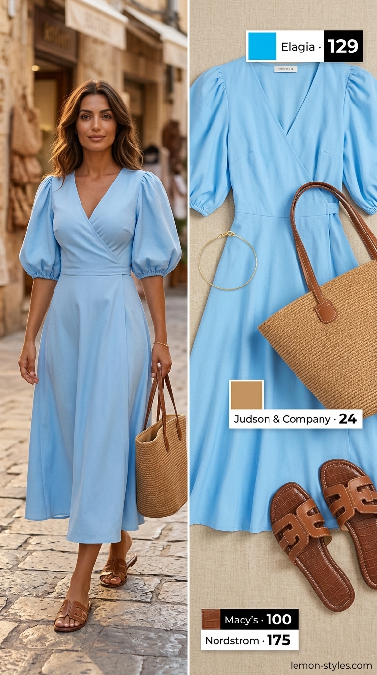 Sunny Summer Wrap Dress Outfits 2026 | Coastal Breeze Sunny sky blue wrap dress outfit for summer 2026, with straw tote and flat sandals.