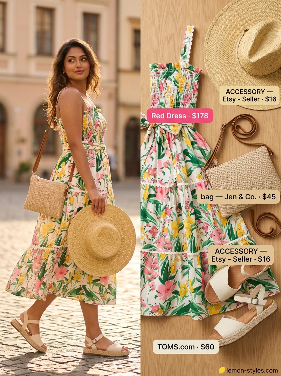 Casual Summer Wrap Dress Outfits 2026: Sunny Floral Style Casual summer wrap dress outfits 2026: Multicolor floral midi dress, espadrilles, straw hat for garden party.