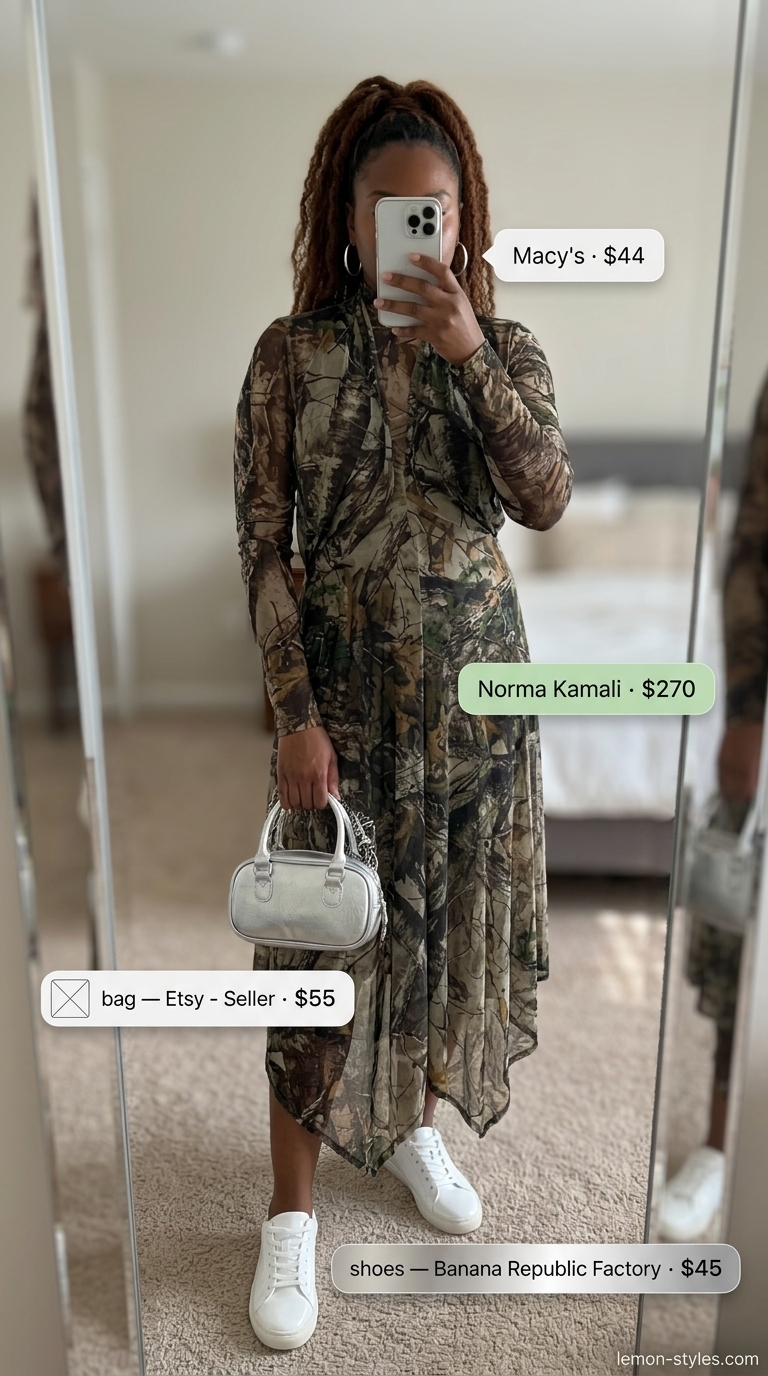 Urban Summer Wrap Dress Outfits 2026 | Casual Cool Playful navy and floral wrap dress outfit for summer 2026, with white sneakers and a silver chain bag.