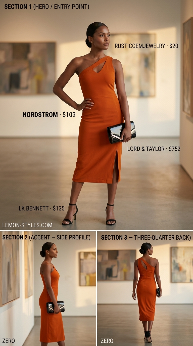 Chic date outfit summer for women 2026: Rust orange one-shoulder midi dress, black suede heels, gold earrings for an art gallery opening.