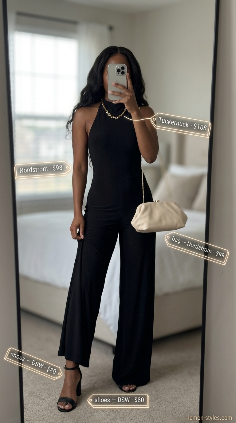 Chic date outfit summer for women 2026: Black halter jumpsuit, gold necklace, and cream clutch for urban sunset drinks.