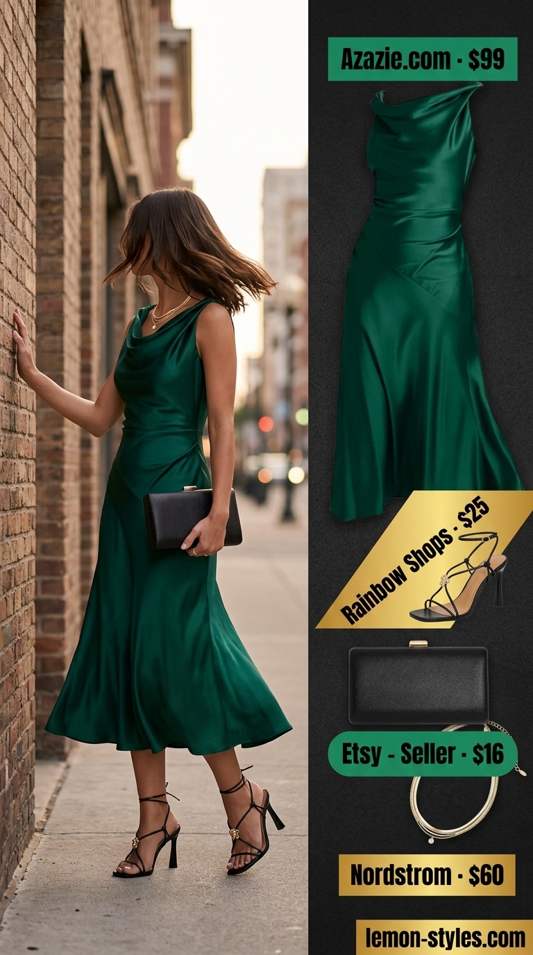 Chic date outfits summer for women 2026: Emerald green slip dress, black heels, gold necklace for a city dinner.
