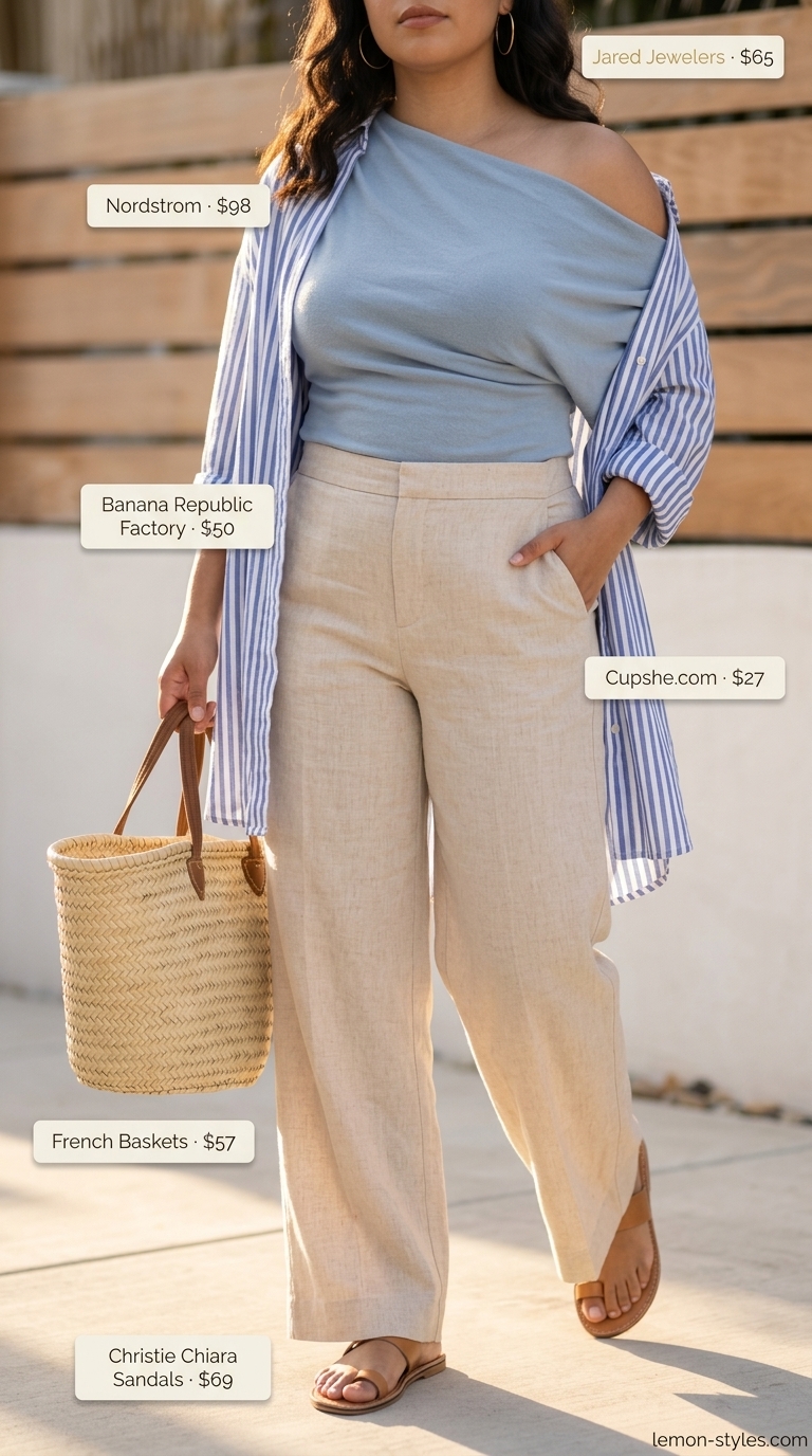 Chic date outfits summer for women 2026: Sand beige linen pants, sky blue knit top, tan sandals for a coastal dinner.
