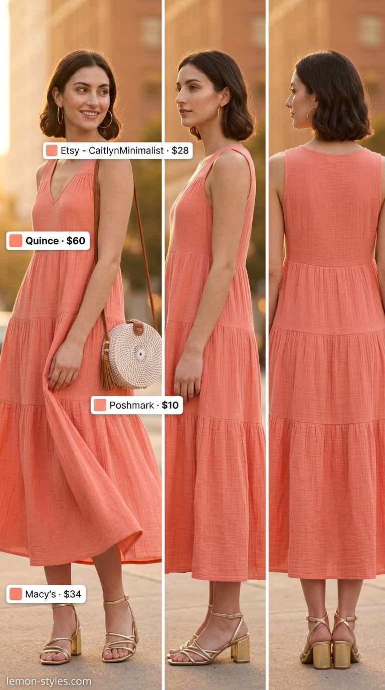 Chic date outfit summer for women 2026: Coral maxi dress, gold hoops, and straw bag for a boho sunset soiree.