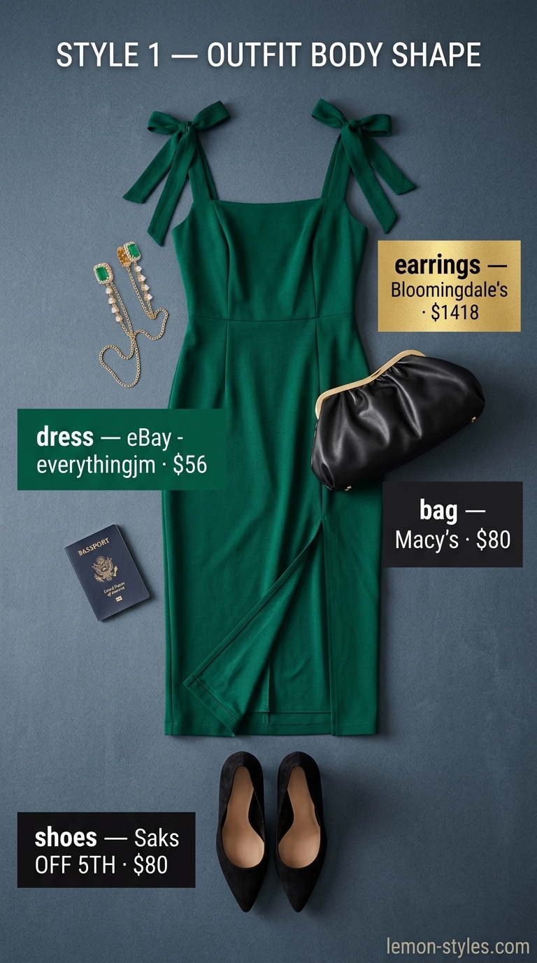 Chic date outfit summer for women 2026: Emerald green bodycon dress, black heels, and statement gold earrings for a cocktail party.