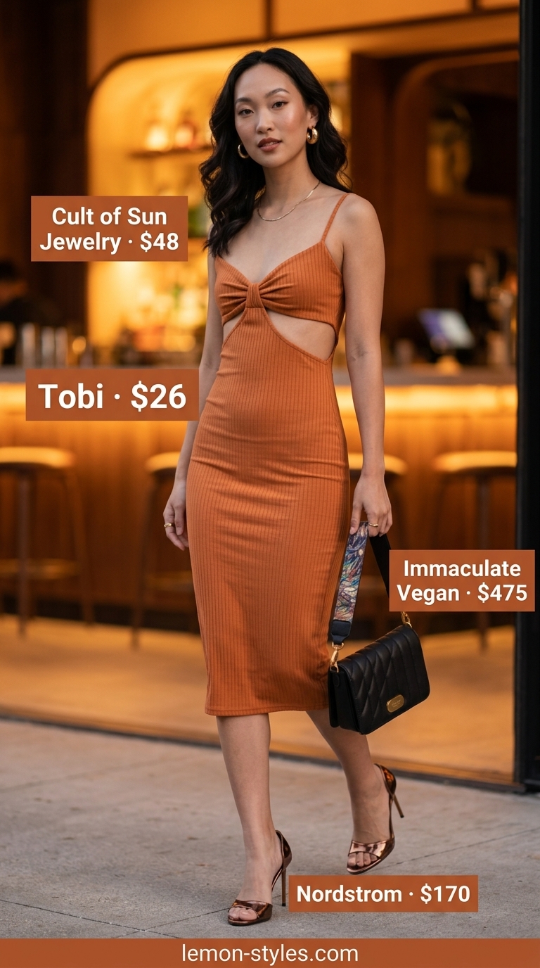 Chic date outfits summer for women 2026: Terracotta ribbed dress, bronze heels, gold hoops for gallery opening edge.