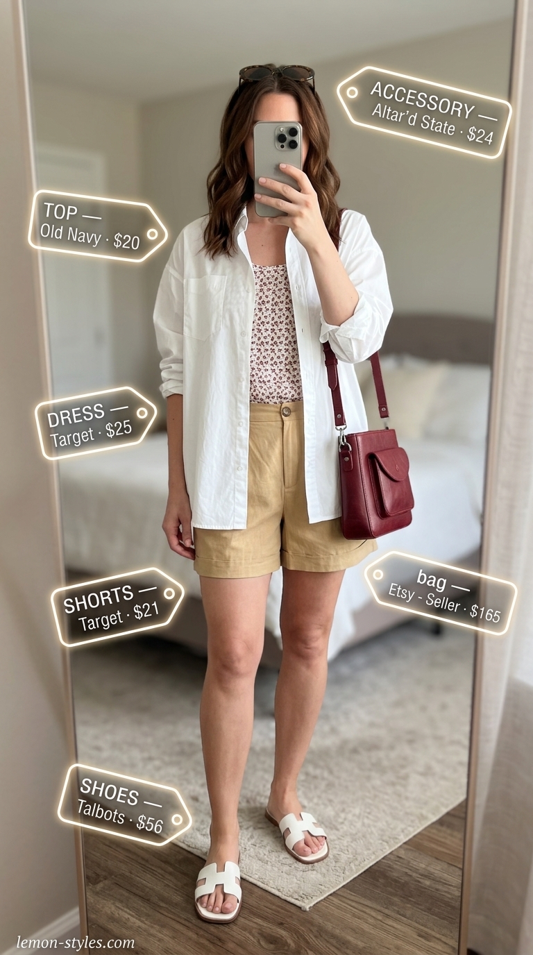 Chic date outfits summer for women 2026: Khaki linen shorts, oversized white shirt, red crossbody bag for a lakeside lunch.
