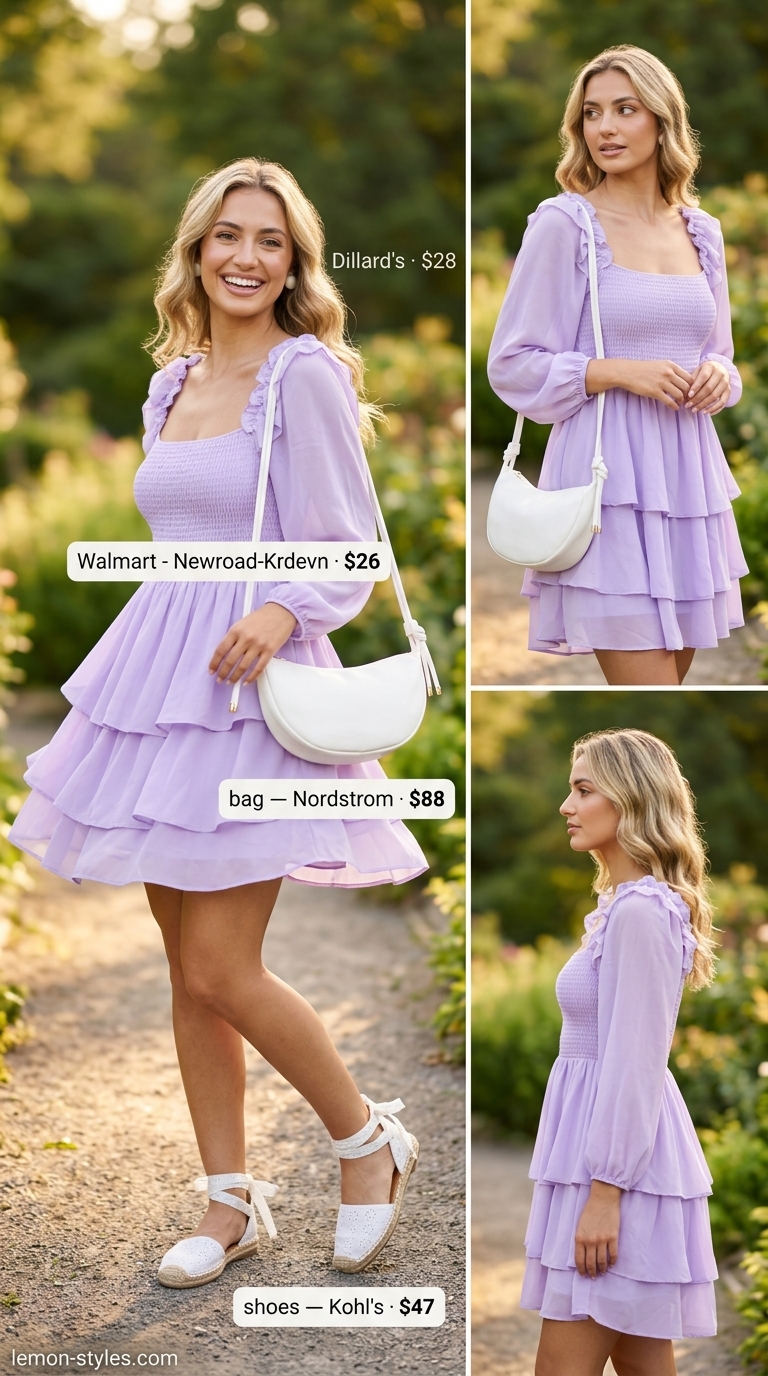 Chic date outfit summer for women 2026: Lavender mini dress, white espadrilles, and pearl studs for a lavender field picnic.