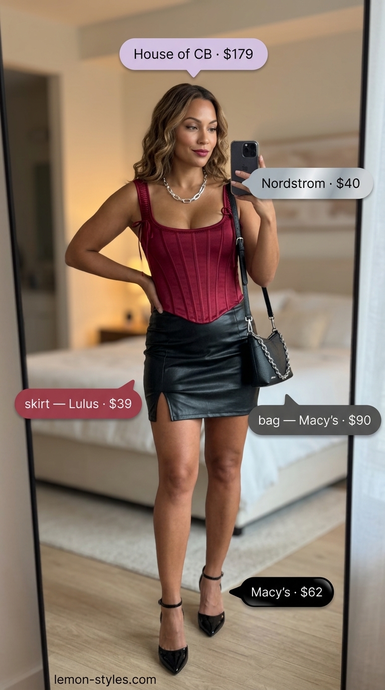 Chic date outfits summer for women 2026: Deep red corset top, black faux leather skirt, silver heels for a lounge vibe.