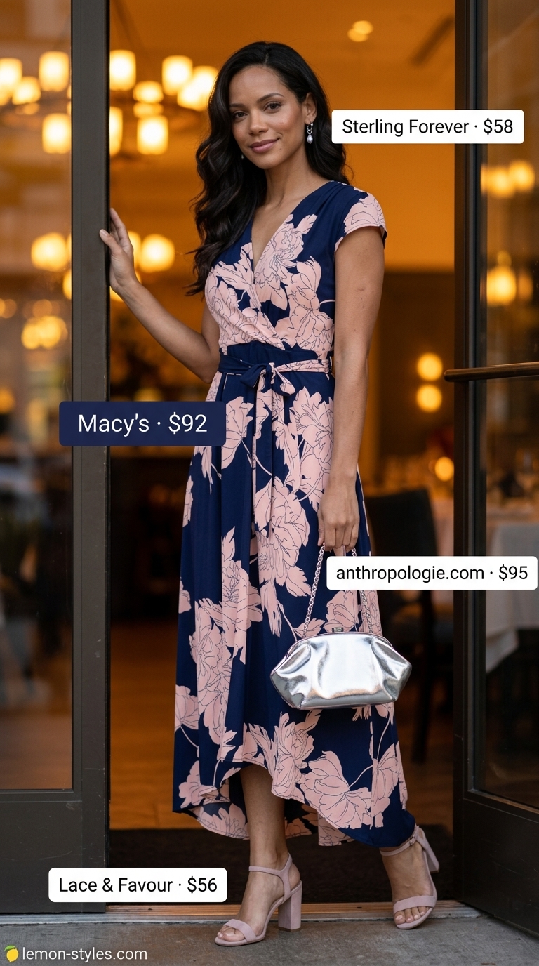 Chic date outfit summer for women 2026: Navy floral wrap dress, blush pink heels, and silver clutch for a romantic dinner.