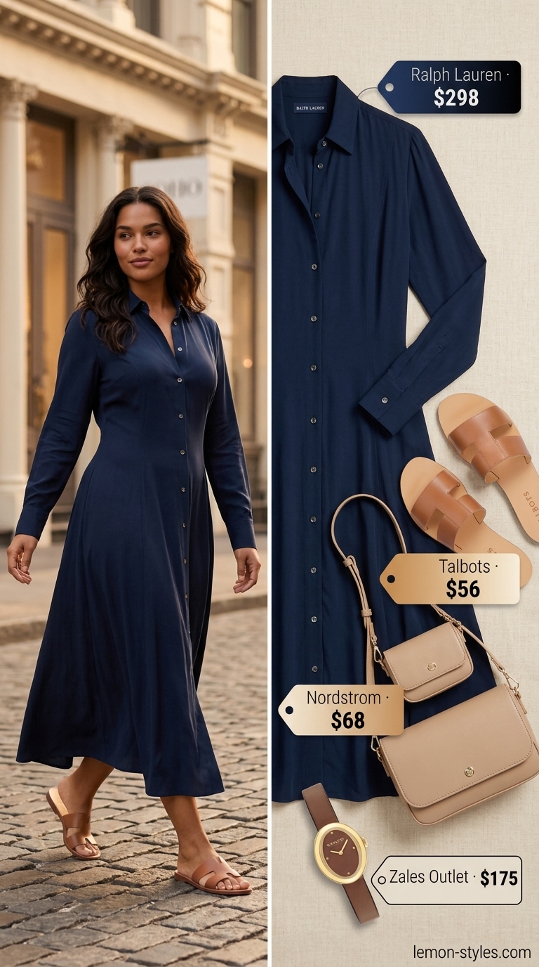 Chic date outfit summer for women 2026: Navy midi shirt dress, tan sandals, and crossbody bag for a sunset pier walk.