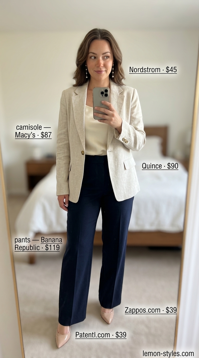 Chic date outfit summer for women 2026: Navy trousers, cream camisole, blazer, and pearl earrings for a refined bistro dinner.