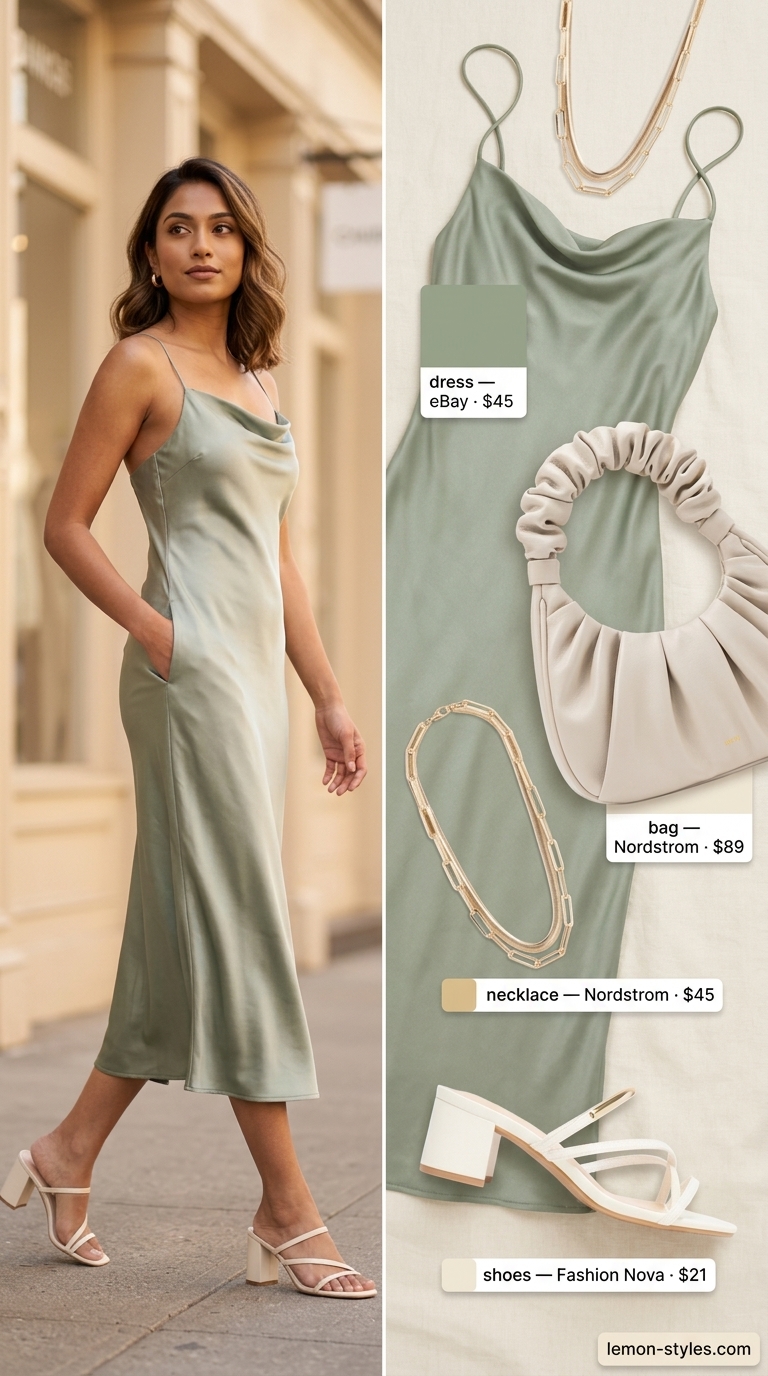 Chic date outfit summer for women 2026: Sage green satin slip dress, cream mules, and layered gold necklaces for a riverside dinner.