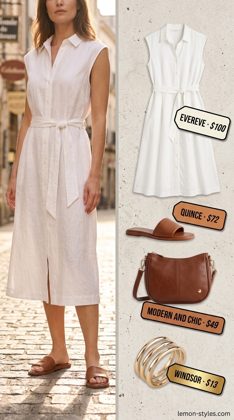 Chic date outfit summer for women 2026: Crisp white cotton shirt dress, cognac sandals, and gold bangles for a riverside brunch.