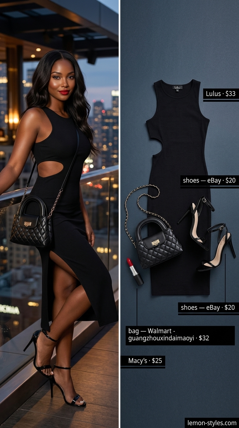 Chic date outfits summer for women 2026: Black midi dress with cutouts, silver hoops for urban rooftop romance.