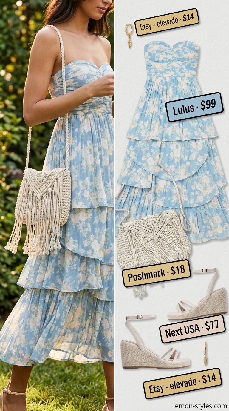 Chic date outfits summer for women 2026: Dusty blue floral maxi dress with espadrilles for garden romance.