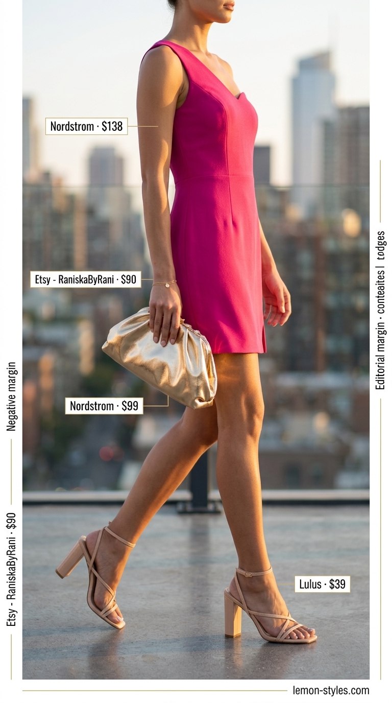 Chic date outfits summer for women 2026: Bright fuchsia mini dress with gold accessories for vibrant cocktails.