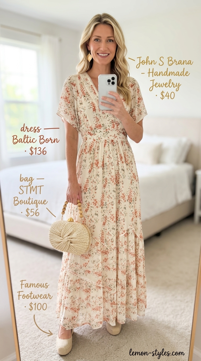 Chic date outfits summer for women 2026: Terracotta floral maxi dress with tan espadrilles for boho escape.