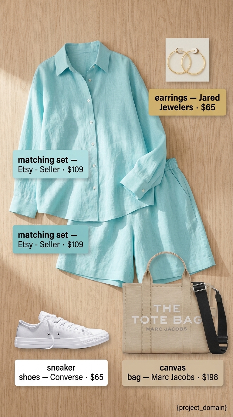 Chic summer pool party outfits for women 2026: Aqua linen set, white sneakers, gold hoops for a refreshing, comfortable vibe.