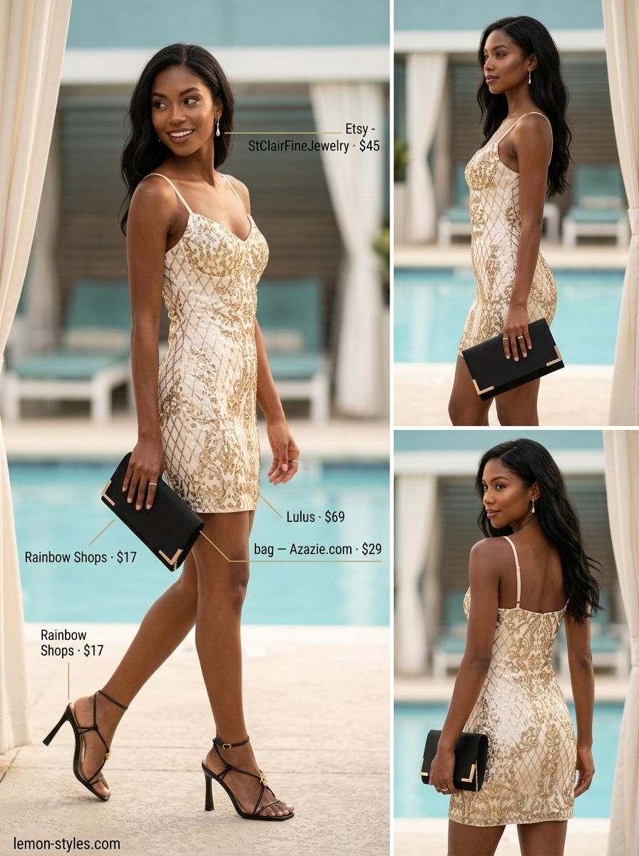 Chic summer pool party outfits for women 2026: Gold sequin mini dress, black heels, black clutch for a glamorous night out.