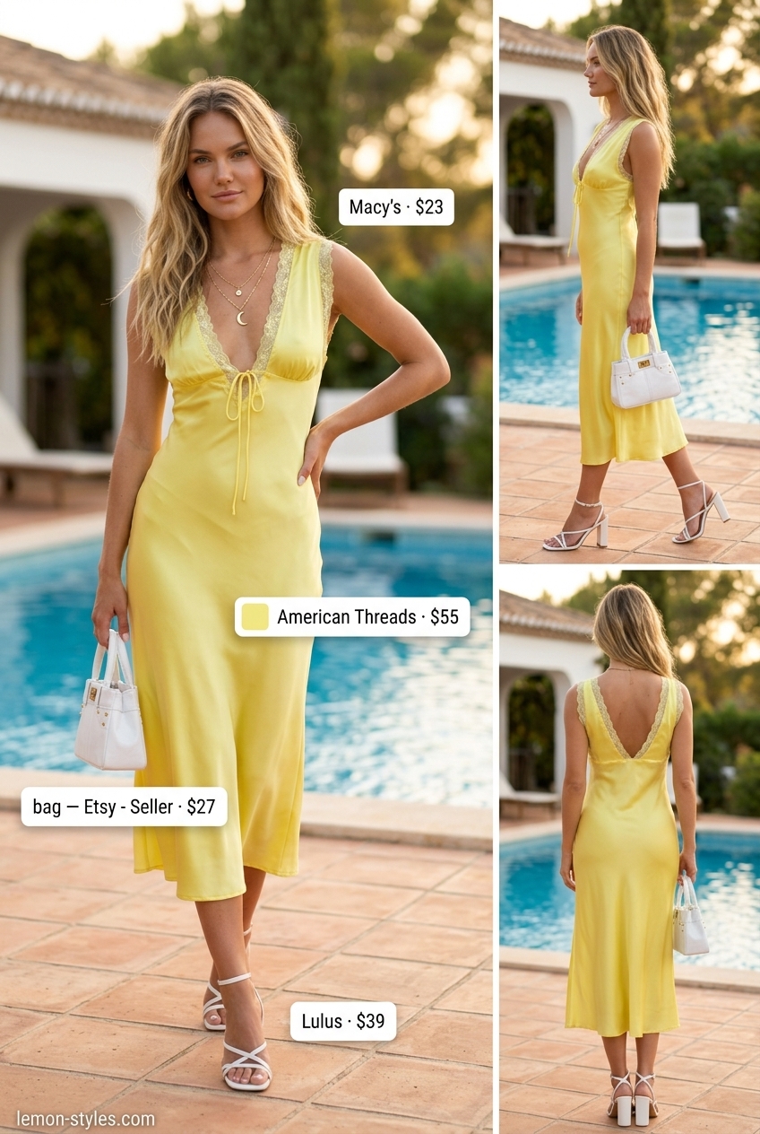 Chic summer pool party outfits for women 2026: Lemon yellow satin slip dress, white sandals, gold necklaces for an elegant look.