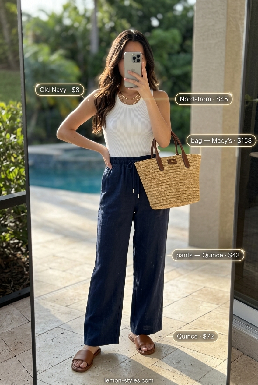 Chic summer pool party outfits for women 2026: Navy linen pants, white ribbed tank, gold necklaces for a relaxed, comfortable vibe.