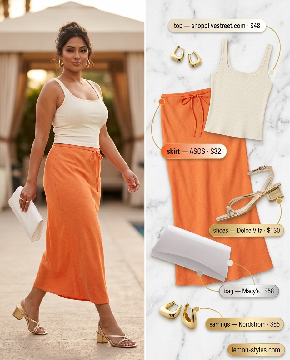 Chic summer pool party outfits for women 2026: Orange linen midi skirt, white tank, gold earrings for a vibrant, sophisticated look.