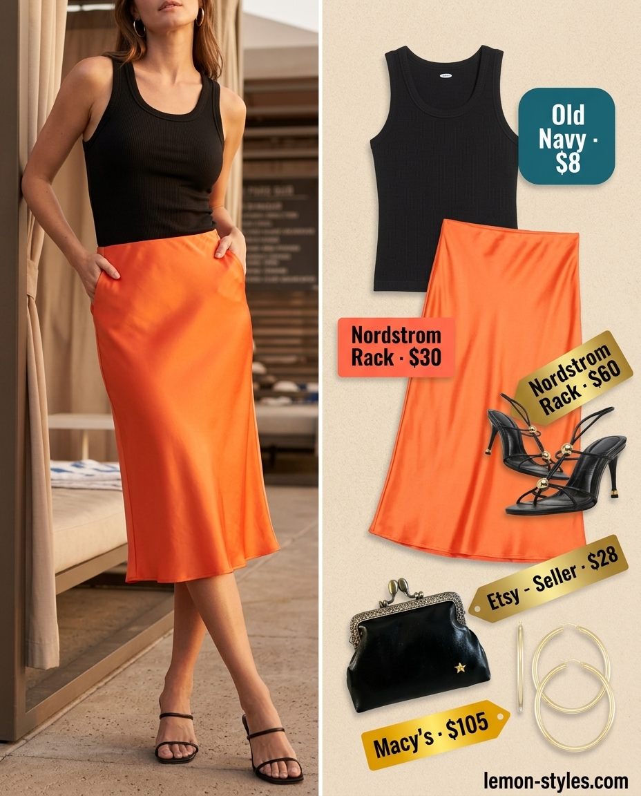 Chic summer pool party outfits for women 2026: Citrus orange satin midi skirt, black tank, gold hoops for a vibrant look.