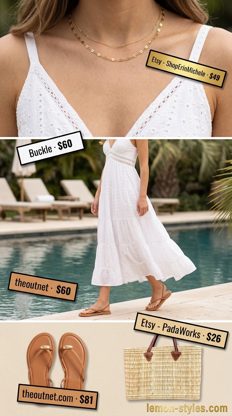 Chic summer pool party outfits for women 2026: White tiered maxi dress, gold necklaces, straw tote for a relaxed, elegant look.