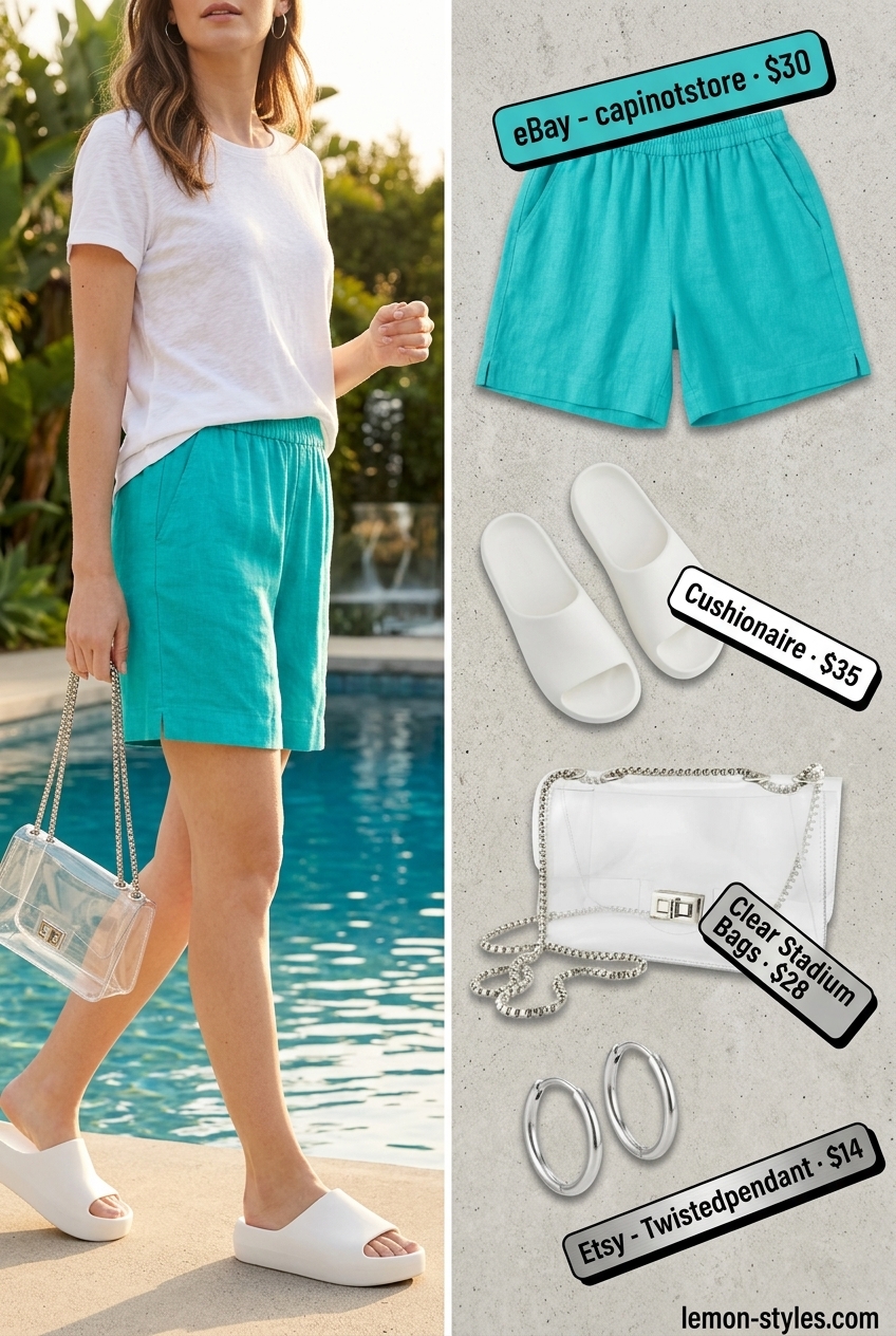 Chic summer pool party outfits for women 2026: Aqua linen shorts set, platform slides, silver hoops.
