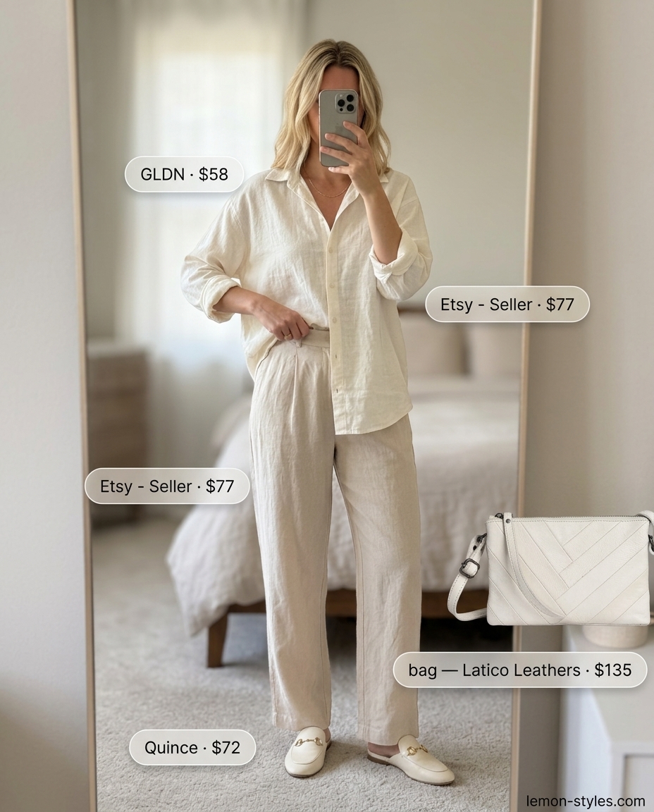 Chic summer pool party outfits for women 2026: Beige linen matching set with gold jewelry and leather mules.