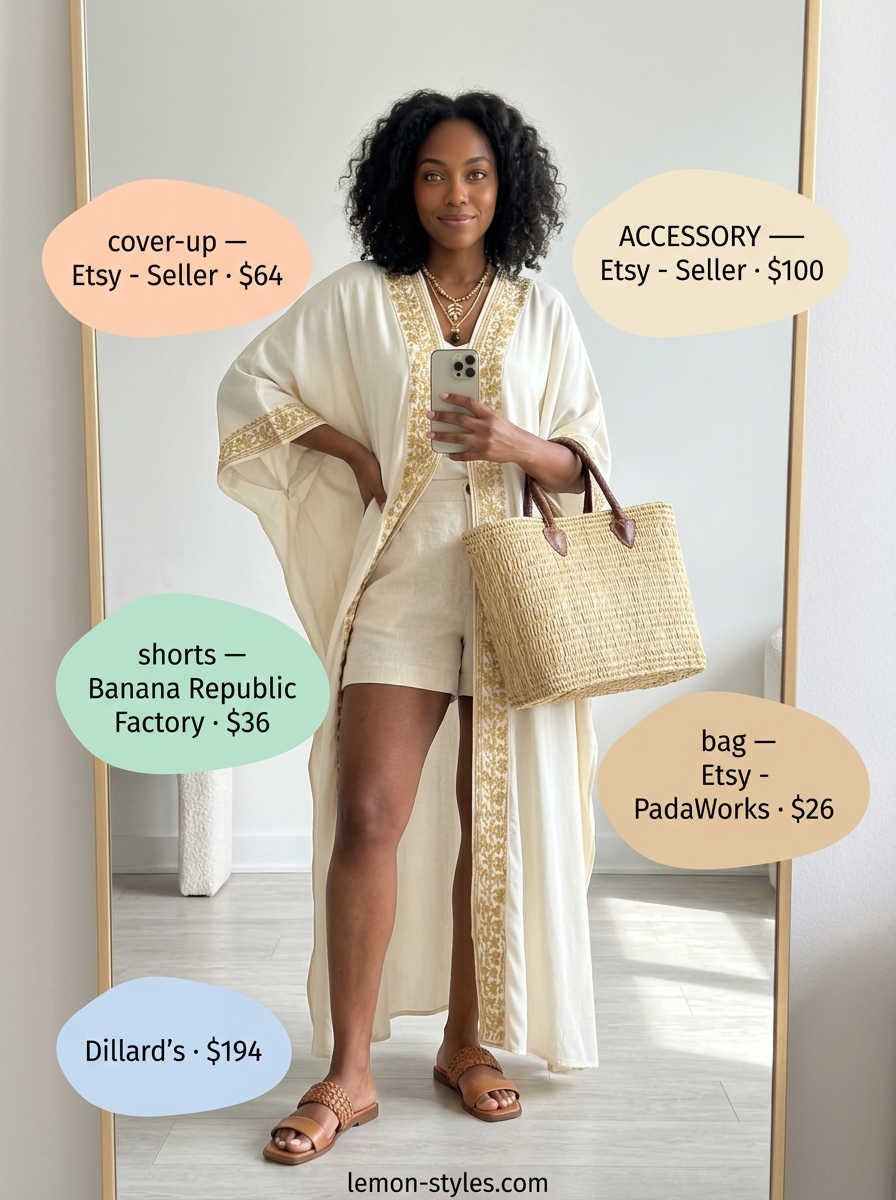 Chic summer pool party outfits for women 2026: White caftan, linen shorts, straw tote, leather slides.