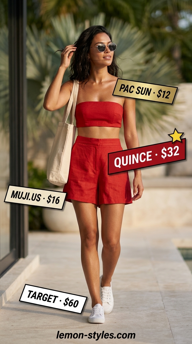 Chic summer pool party outfits for women 2026: Coral linen shorts set, canvas tote, white sneakers.