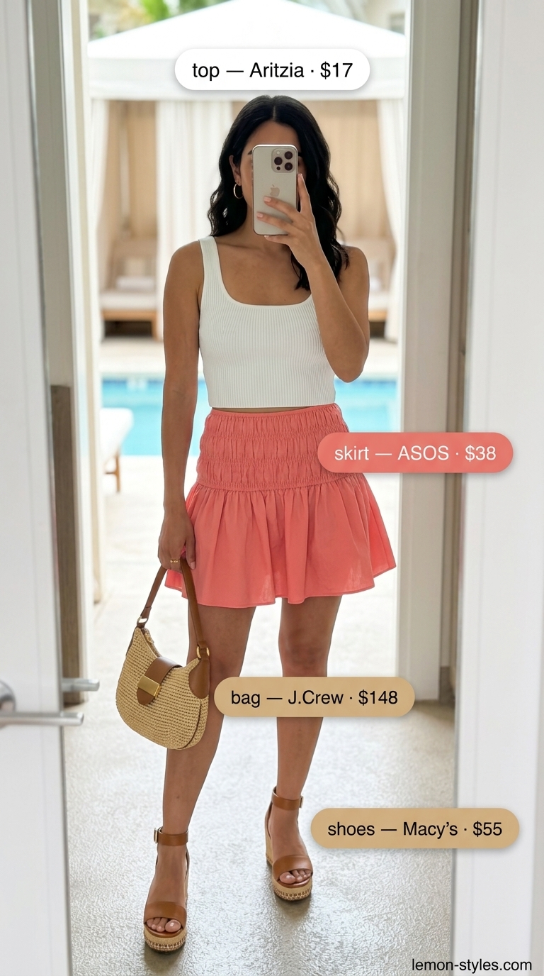 Chic summer pool party outfits for women 2026: Coral mini skirt with white crop top and espadrille wedges.