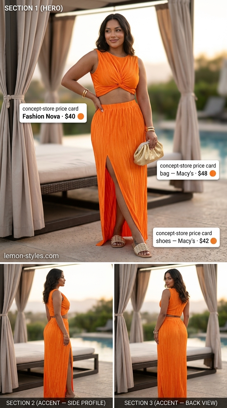 Chic summer pool party outfits for women 2026: Coral two-piece set with tie-front top and maxi skirt.