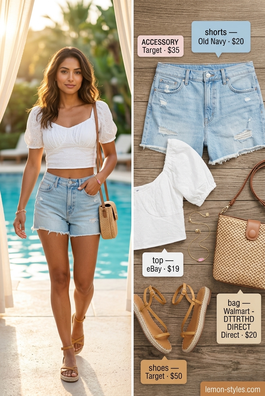 Chic summer pool party outfits for women 2026: Playful sky blue denim shorts with white eyelet top and straw bag.