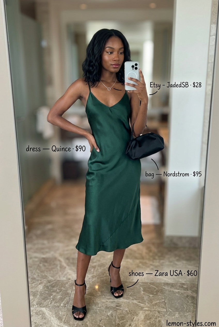 Chic summer pool party outfits for women 2026: Emerald silk slip dress with black heels and silver jewelry.