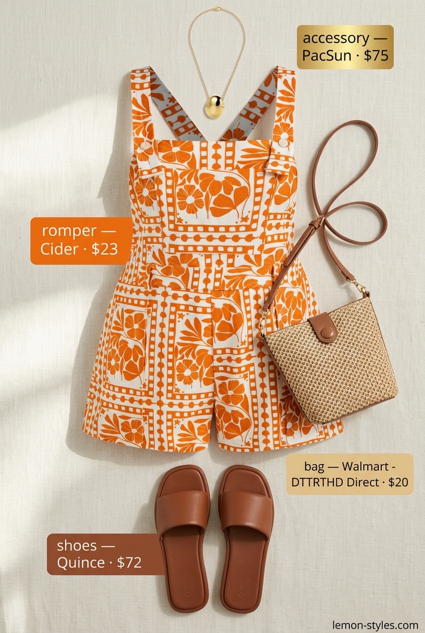 Chic summer pool party outfit for women 2026: Pastel floral romper, tan slides, straw bag, gold necklace.
