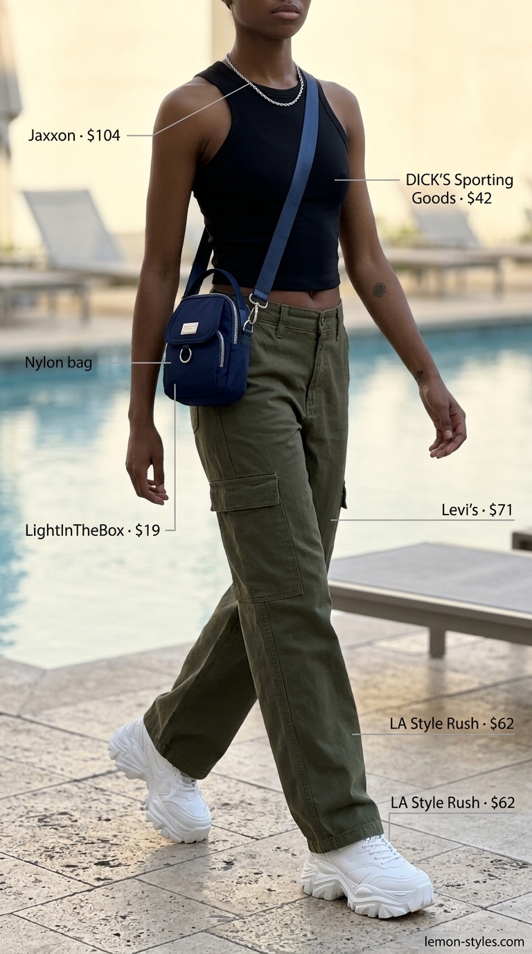 Chic summer pool party outfits for women 2026: Olive cargo pants with black crop top and chunky sneakers.