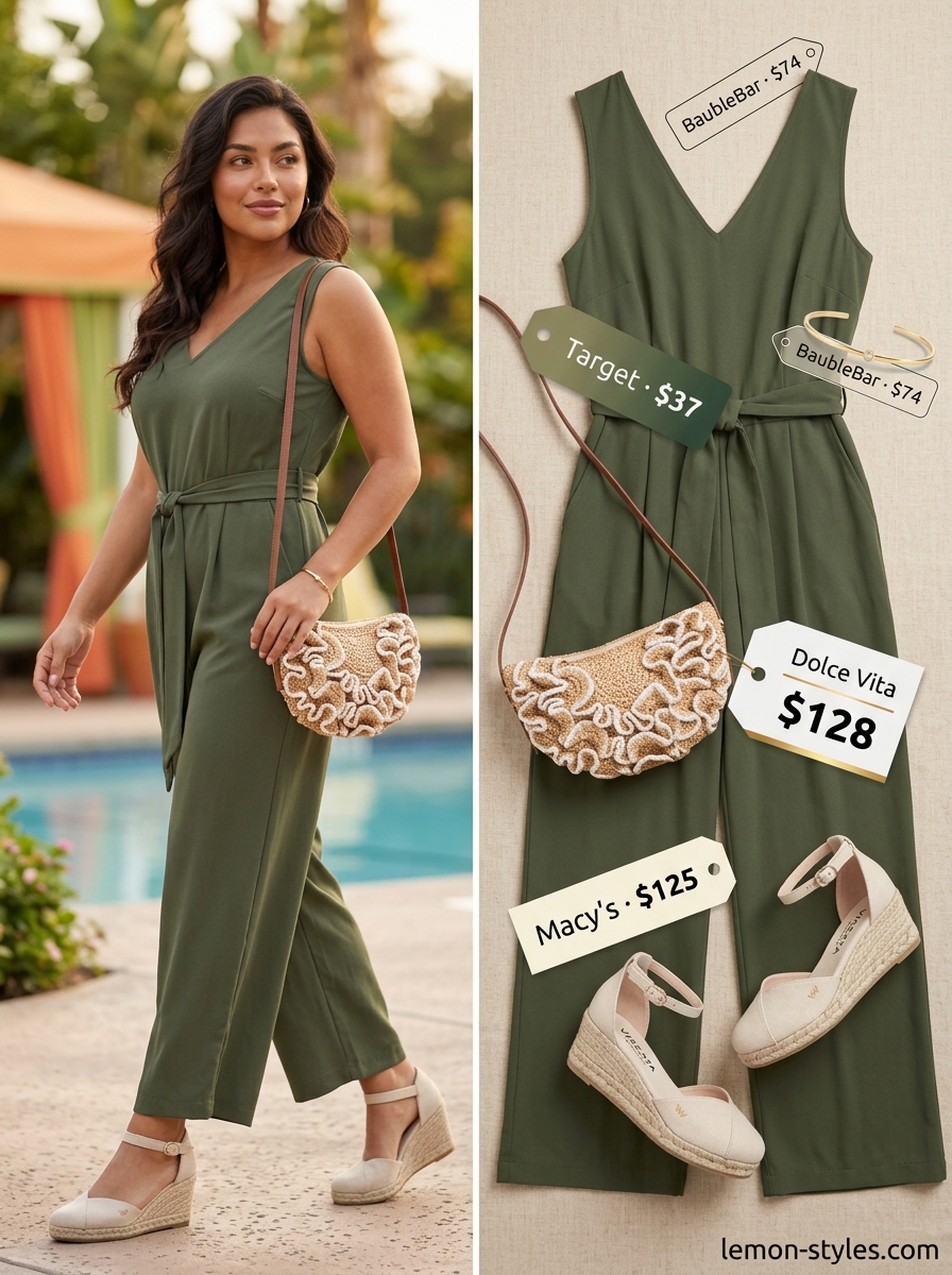 Chic summer pool party outfits for women 2026: Olive green wide-leg jumpsuit with raffia bag and espadrilles.