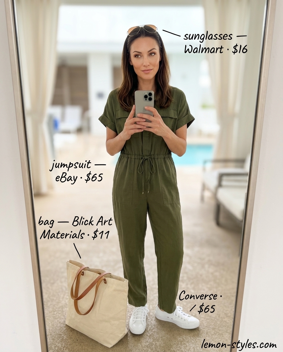 Chic summer pool party outfits for women 2026: Olive green utility jumpsuit, white sneakers, aviators.