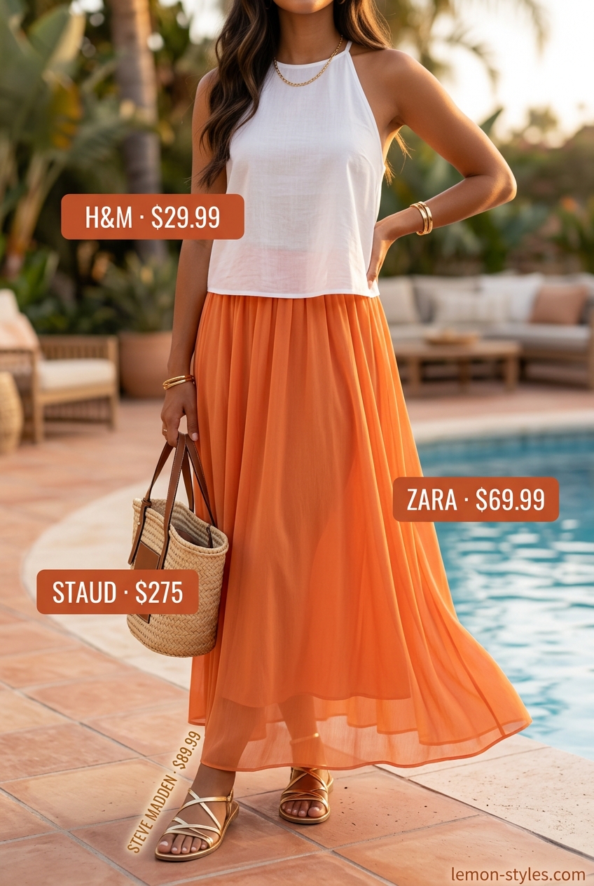 Chic summer pool party outfits for women 2026: Sunset orange maxi skirt, white crop top, gold sandals.