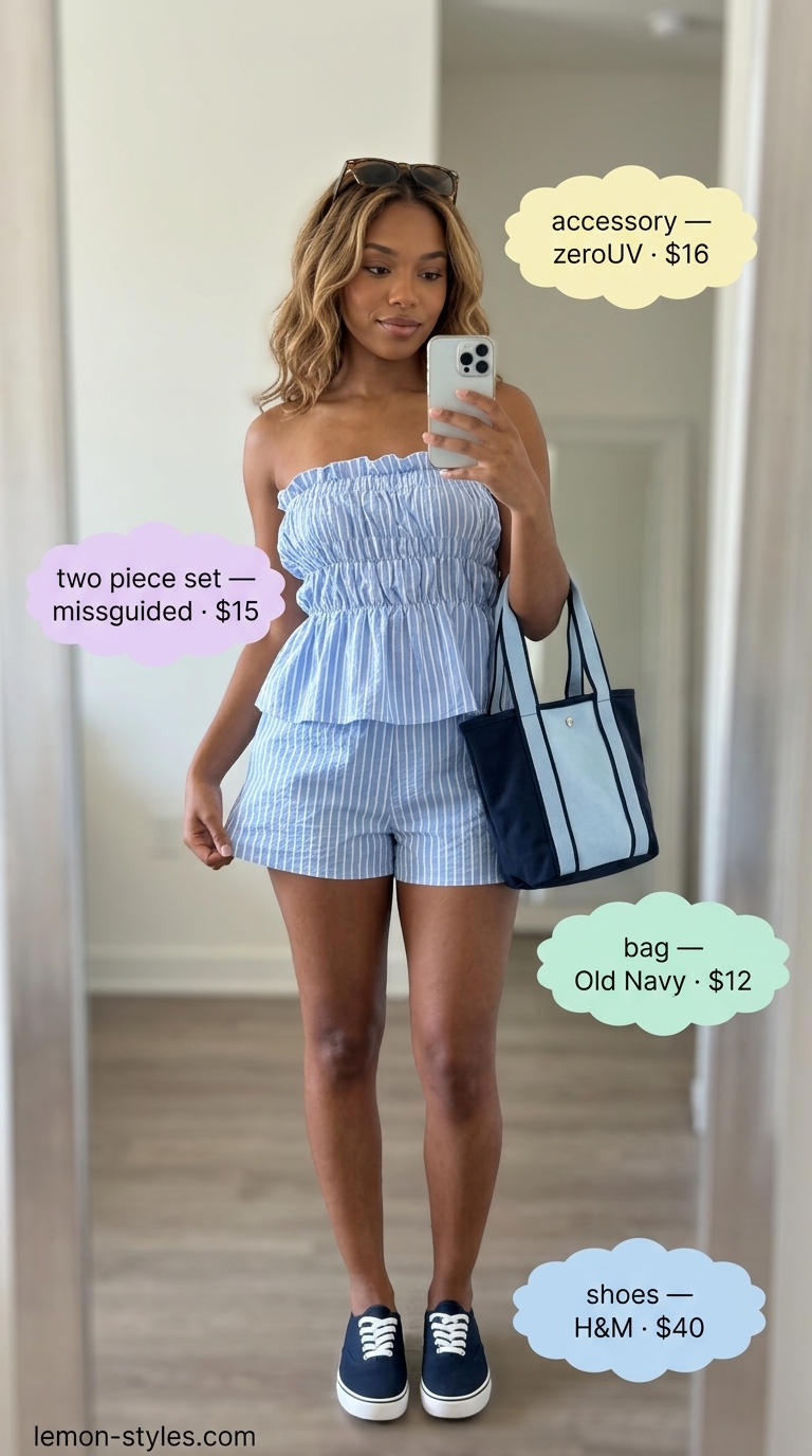 Chic summer pool party outfits for women 2026: Seersucker set, navy tote, canvas sneakers.