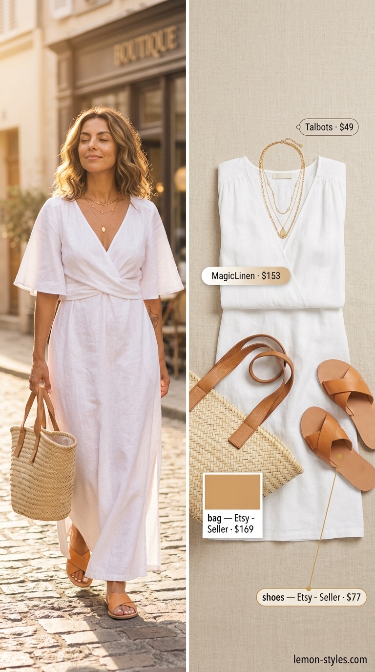Chic summer pool party outfits for women 2026: White linen maxi dress with straw tote and gold jewelry.