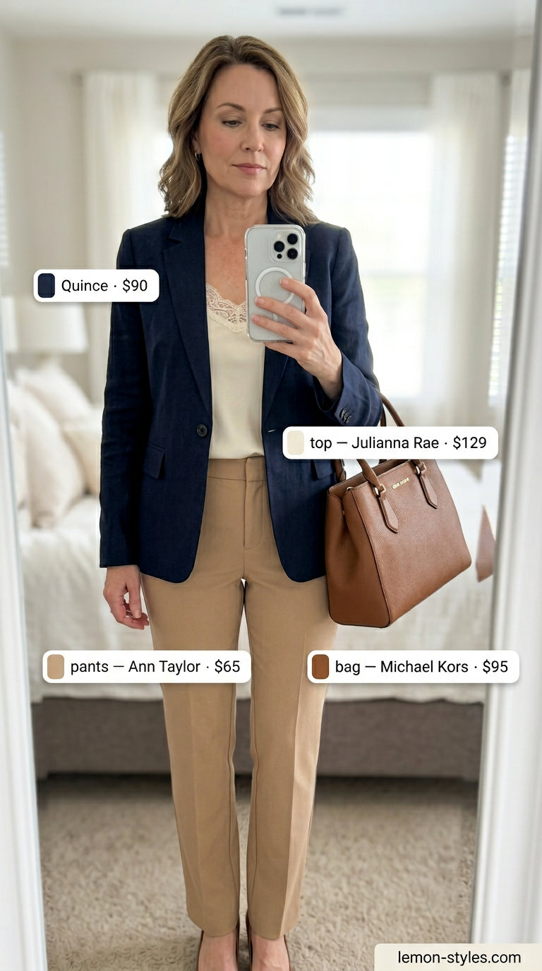 Classic summer outfit for women over 50 2026: Beige trousers, navy blazer, silk cami for business casual.