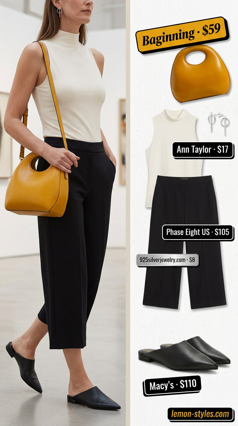 Classic summer outfit for women over 50 2026: Black culottes, white knit top, yellow bag for art gallery opening.