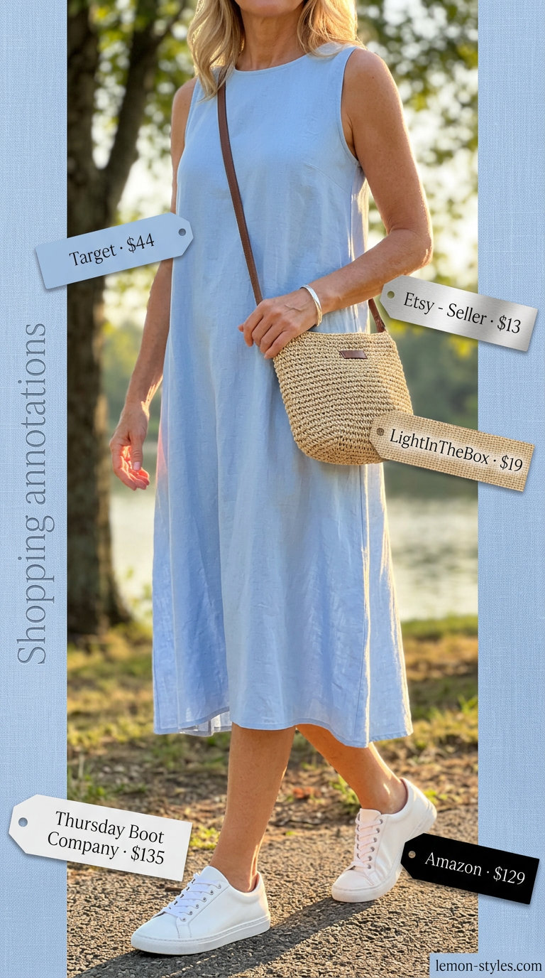 Classic summer outfit for women over 50 2026: Sky blue chambray dress, white sneakers, straw bag for lakeside leisure.